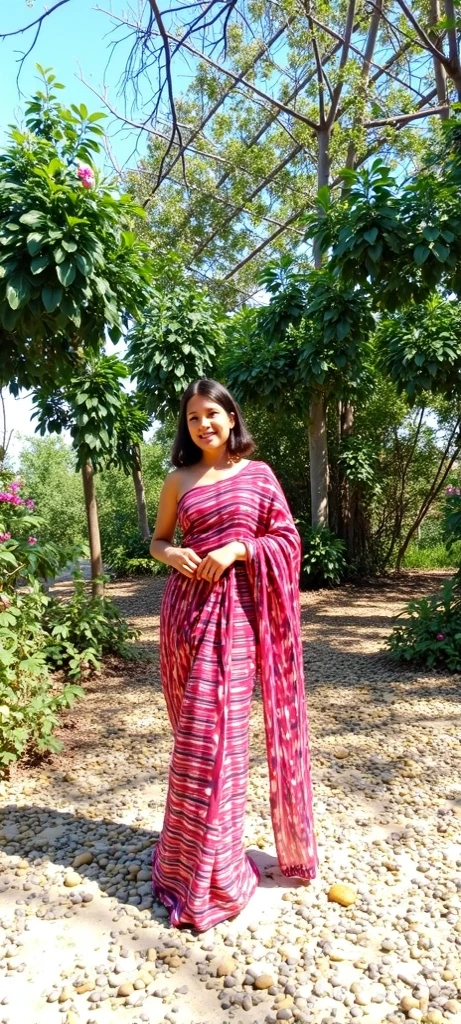 "Create a high-quality image featuring a realistic depiction of a girl wearing a pink saree draped in the Nivi style. Focus on intricate details, particularly the pleats tucked at the center of the waist, emphasizing the slimming effect. Pay special attention to crafting the girl's eyes and face, ensuring a lifelike appearance. Set the scene against a beautiful fountain background, adding a touch of elegance and serenity to the composition. Your goal is to capture the essence of the Nivi saree draping style, conveying a sense of grace and charm in this magical moment."