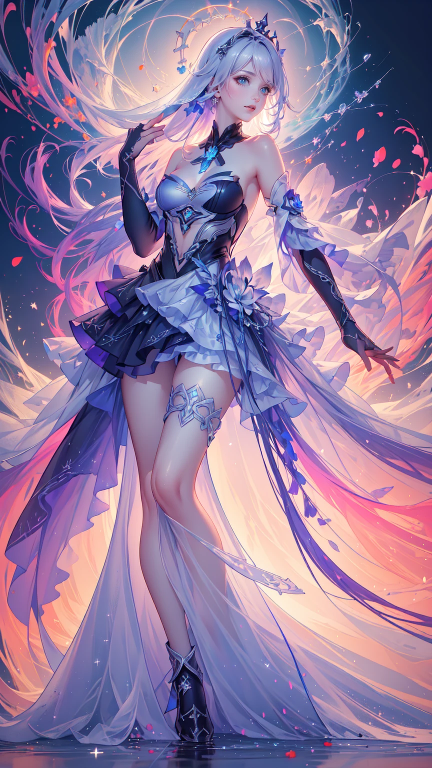 ((masterpiece:1.4,best quality)),(Super detailed),(Extremely detailed eyes),(Shiny socks:1.5),Hello Darkness
(Cute girls),15 years old,(Blood-red pupils,Diamond-shaped pupil:1.15),Purple Eyeshadow,(elongated hair,Thick hair,Single ponytail,shiny hair:1.5)(Changes through:1.2),despair,sad,Empty eyes,tears streaming down my face,tilting its head to the side,
(She wore a blue dress,:1.5),(Black gloves:1.4)Very long plush sleeves,White,White Cloud,Dream bubbles ,Ice and glitter effects
(Black long skirt:1.1),
((Starry Sky:1.2)),
(Intense black and white:1.16),(Depth of Field:1.4),,Intricate details,(((Detailed background,Castle in the Sky,Purple flowers by the lake))),(((Huge breasts,Bare breasts,Deep cleavage,White stiletto high heels,Transparent clothes)))