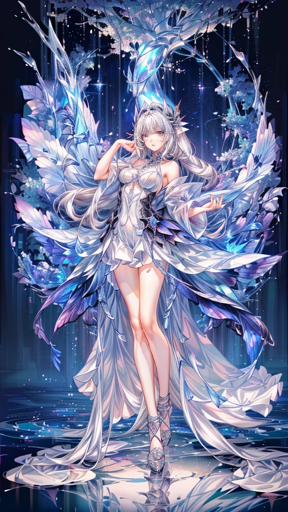 (Highest quality, 8k, CG, Beautiful and exquisite upper body, , Transparent coat dress, Star background, Complex facial features, length, Floating Hair, Almond Eye, Exquisite eye makeup, length eyelashes fluttering, Blinking big eyes, Starry Sky, Delicate lip detail, Soft and harmonious style) 、(Ultra-realistic), (An illustration), (High resolution), (8k), (Very detailed), (The best An illustration), (Beautiful attention to detail), (Highest quality), (Very detailed), (masterpiece、), (wallpaper), (Detailed face), alone、、、、、, One Girl, Noble attire、Gray Hair, Iridescent heterochromatic eyes, Center of chest, length legs、Great composition、Leg Knitting、Beautiful and exquisite legs、 Long, slightly curly white hair、Ankle-length dress、yello-eyes