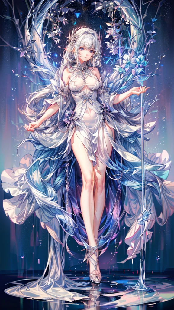 ((masterpiece, best quality)), Delicate face,Snake Woman,Full body painting,Perfect body proportions,Long legs,((Long wavy hair)), ((Half of her hair is white,The other half is cyan,Available in two colors)),beautiful eyes,Fantasy style,White background,transparent,Sexy bikini,Lace,Garter