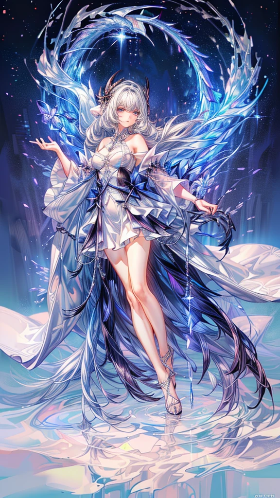 cute silver angel girl, silver hair, light blue eyes, full body tantra tatto, silver metallic sexy costume, psychedelic healing meditation, Fantasy, beautiful concept art, Swirling Elemental quality, UHD, (highest quality, 4K, 8k, High resolution, masterpiece: 1.2), Super detailed, (Realistic, photoRealistic, photoRealistic: 1.37), Ice Goddess, Crystal Skin, Ice blue eyes, Flowing silver hair, Sheer ball gown made from ice shards, delicate frost pattern on the skin, Heavenly Beauty, Supernatural Aura, Elegant frozen pose, Magical ice crystals surround her, A strong yet calm expression, Shining icicles in the background, A subtle glow from within, Goddess of Winter and Beauty, An attractive and fascinating presence, Blue and white color palette, Fantastic and fantastic lighting, Sparkling ice particles in the air, Standing facing forward with one leg showing, Ice-colored standard high heels