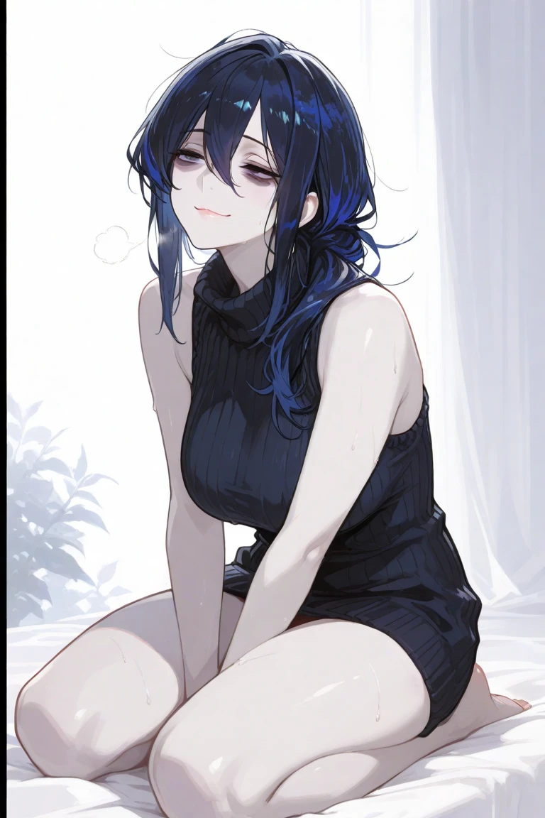 , One girl, alone, Black Hair, blue eyes, White camisole、Dolphin Pants, Are standing, White Background 、Huge breasts