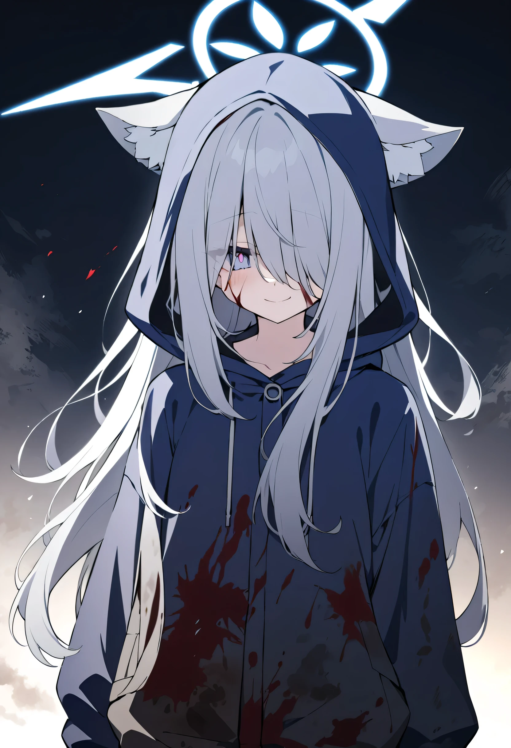  long hair，Silver Hair， girl，Light blue halo， gray wolf ears，alone，night，Purple Pupils，night，dark blue jacket，dirty clothes（stained with blood），black sweatpants（Be covered with dust），Cover your eyes，wearing hood hood up，An evil smile， heads down，Cover one's eyes with a hood