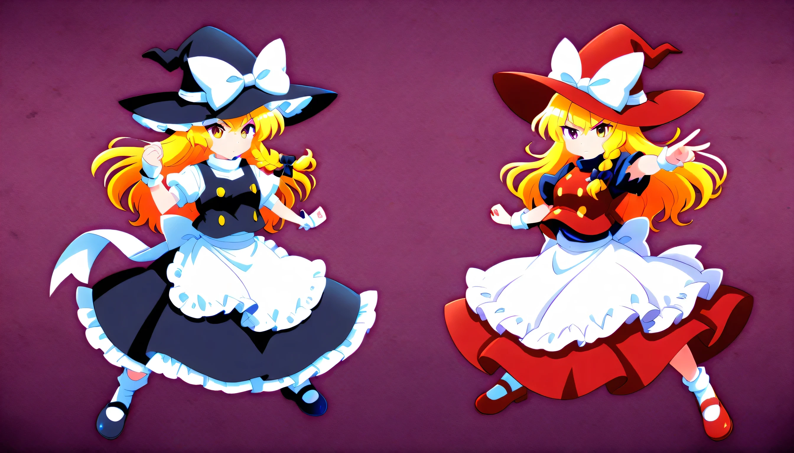 kirisame marisa, 2girl, solo, blonde hair, yellow eyes, single braid,
witch hat, hair bow, black bow, white ribbon, black skirt, black shirt, short sleeves, waist apron, white sleeves
hair ribbon, red ribbon, witch hat, red hat, black bow, hat bow, white shirt, short sleeves, puffy sleeves, red vest, torn vest, buttons, white wrist cuffs, waist apron, red skirt, socks, red mary janes, red boots, serious, mature, vs , large breast,mini haneko,escoba