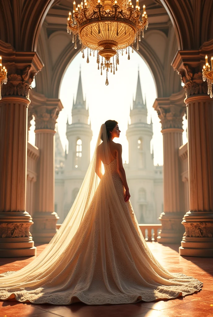 ((masterpiece, highest quality, Highest image quality, High resolution, photorealistic, Raw photo, 8K)), Woman in evening dress, long brunette hair pulled back, jeweled hairpiece, long gloves, glass shoes, bare shoulders, bare back, looking back halfway up the wide staircase leading to background the super realistic castle, looking down, medium breast, she look at camera, medium breasts