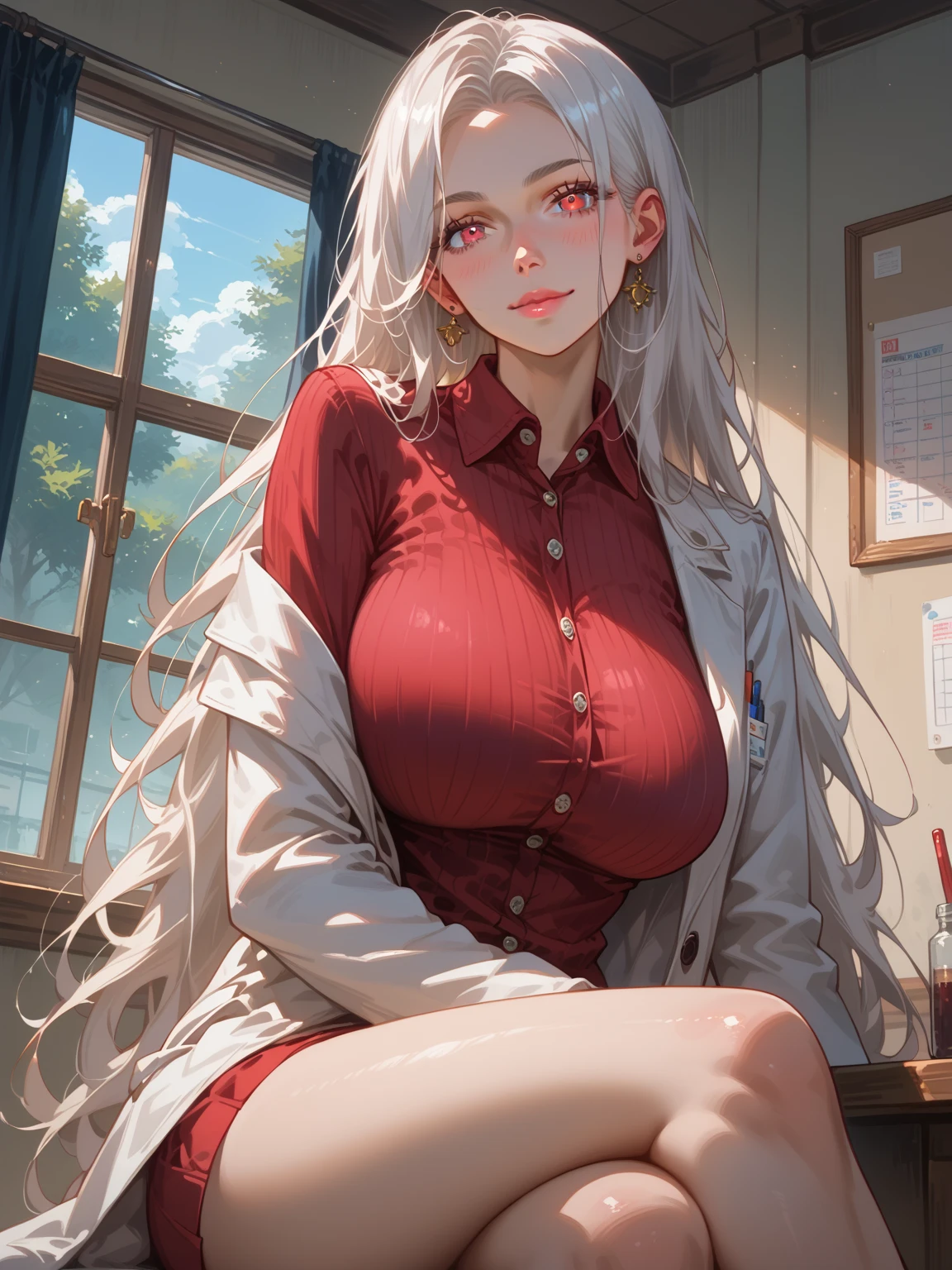 sexy, Gray-haired head, red eyes, (wet body: 1.2), Pajamas, beautiful, female, laugh, beautiful 다리, very detailed face, big breasts