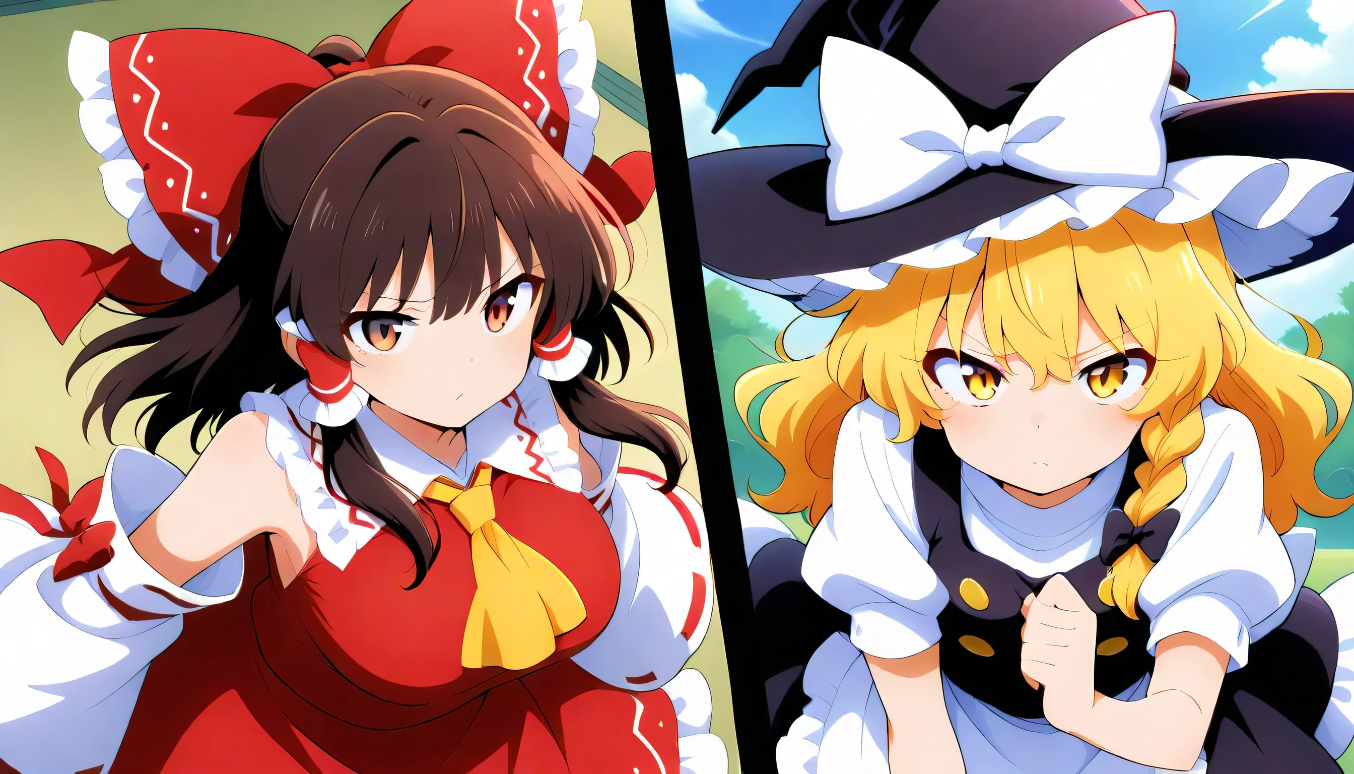 kirisame marisa, 2girl, solo, blonde hair, yellow eyes, single braid,
witch hat, hair bow, black bow, white ribbon, black skirt, black shirt, short sleeves, waist apron, white sleeves
, vs , large breast,mini haneko,escoba,hakurei reimu, 1girl, solo, brown eyes, brown hair, long hair, sidelocks,
hair bow, hair tubes, frilled bow, yellow ascot, red shirt, ribbon-trimmed detached wide sleeves, red skirt,