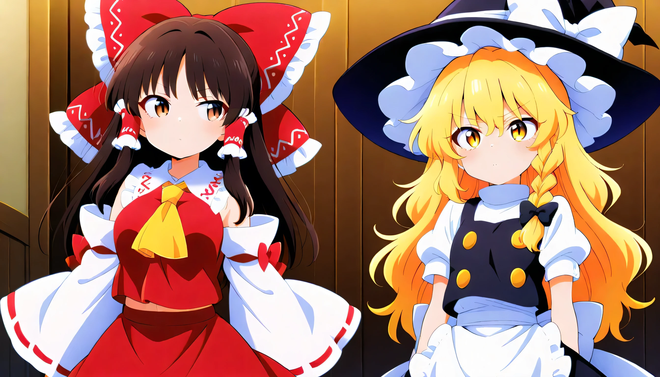 kirisame marisa, 2girl, solo, blonde hair, yellow eyes, single braid,
witch hat, hair bow, black bow, white ribbon, black skirt, black shirt, short sleeves, waist apron, white sleeves
, vs , large breast,mini haneko,escoba,hakurei reimu, 1girl, solo, brown eyes, brown hair, long hair, sidelocks, 
hair bow, hair tubes, frilled bow, yellow ascot, red shirt, ribbon-trimmed detached wide sleeves, red skirt,