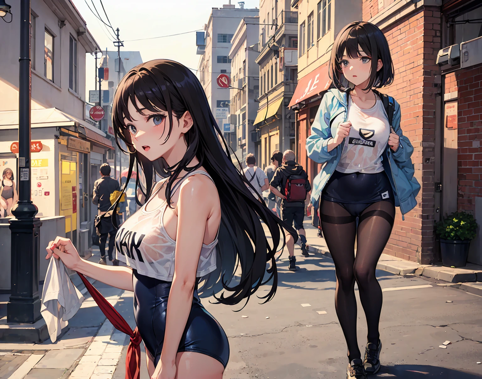 (masterpiece:1,4),(detailed:1,4),(8k:1.4),(beautiful:1,4),(high resolution:1,5),(soro 21 years old),(anime style),(gwaites style artwork),(full body),(close set eyes),(cloud brown big eyes),(flipped long black hair),(tareme,pointed nose),(pointy medium breastedium ass,slim body),(deep detailed eyes),(sparkling eyes),(open mouth),(cloud),panty shot,jeans,shirt,