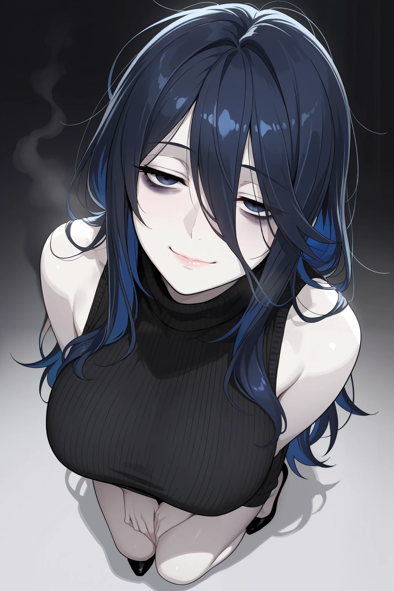 Lady, Mature, Adult, Multicolor hair, long messy Black-Dark Blue hair, Dark Blue eyes, Half shut eyes, dark circles under eyes, Pale skin, Sharp Features, sleeveless sweater with middle open , Beautiful, Masterpiece, Hot, slight smile, Full Body