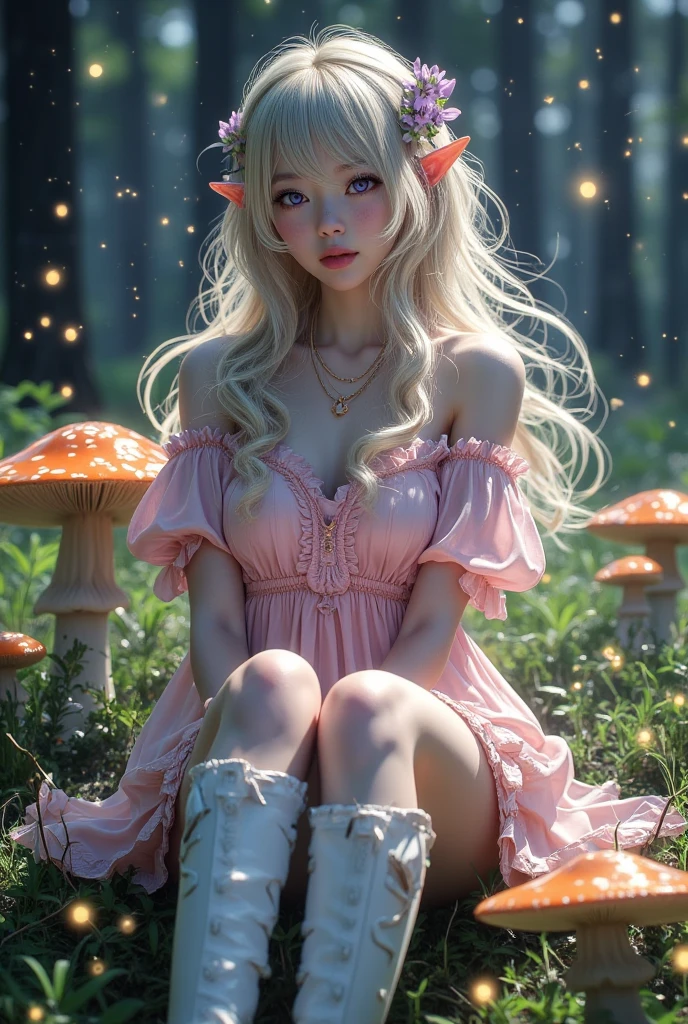 (masterpiece, best quality:1.4), (8K), Young blonde beauty, (((18 years old, solo, neat girl))), detailed blue eyes, long eyelashes, blush, horny, upper body, topless, small ass, slender thin legs, vagina, (detailed vagina), nude, (toned figure), (looking at viewer) (close up), beautiful blonde hair, white-skinned, (bangs:1.3), pigtails, groping, ((small breasts)), (mushroom forest, colorful celestial forest, beautiful and magnificent pink sunshine, majestic sky), natural light, (pink sky)