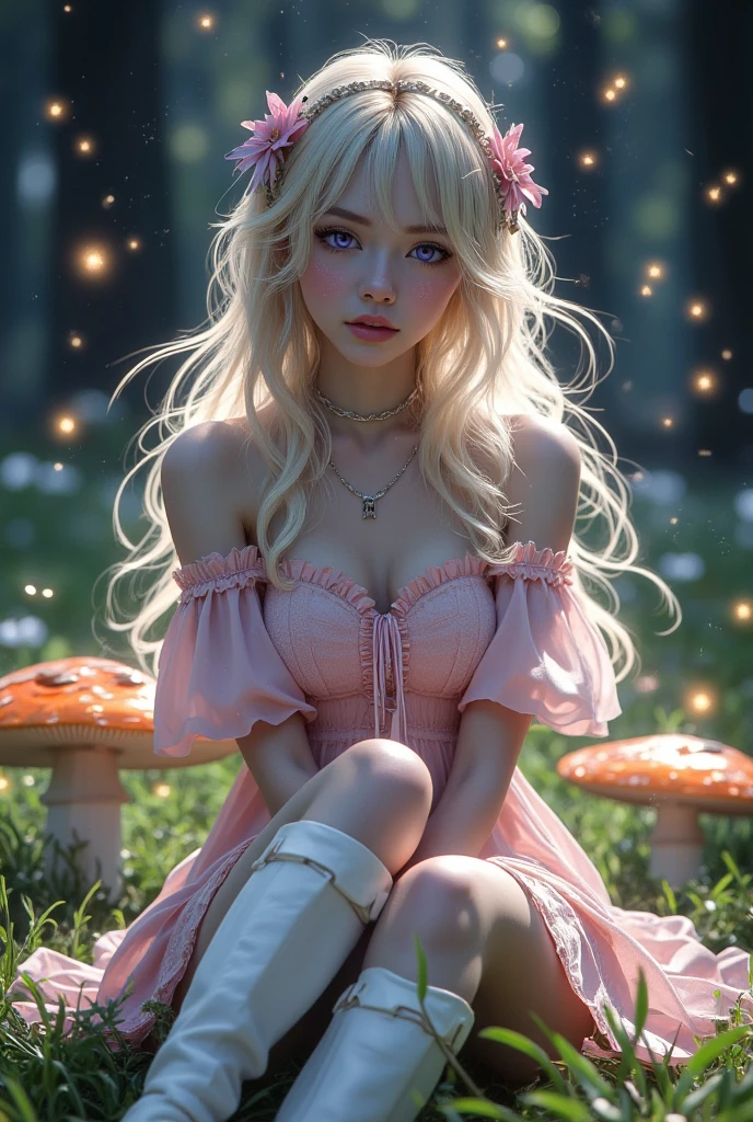 A beautiful, elegant, and graceful girl with white hair and blue eyes, wearing a cosmic dress, sitting on a giant mushroom in a cosmic, abstract, and psychedelic space scene. The image has a visually stunning, award-winning art style reminiscent of Yuko Shimizu, Rebecca Guay, and 60s anime, with an art nouveau and dreamy, trippy aesthetic. The girl has long black hair with braids, a purple flower hair pin, and is wearing revealing white lingerie in a centerfold pose. The scene features a lush, ornate, and foliage-filled background with a purple and blue color palette, creating a gorgeous and visually stunning cosmic beauty.(pose americano:1.4), high quality, (RAW photo, best quality), (realistic, photorealistic: 1.4), (extremely delicate and beautiful: 1.4), amazing, fine details, masterpiece, ultra detailed, high resolution, best illustration, best shadow, intricate, ( extremely intricate: 1.2), (exquisitely detailed skin), cinematic light, perfect anatomy, (cool color: 1.4), sharp focus, 8k UHD, DSLR, (Fujifilm XT3),(iluminación cinematográfica :1.4),( colored glass BodySuit transparent :1.4)