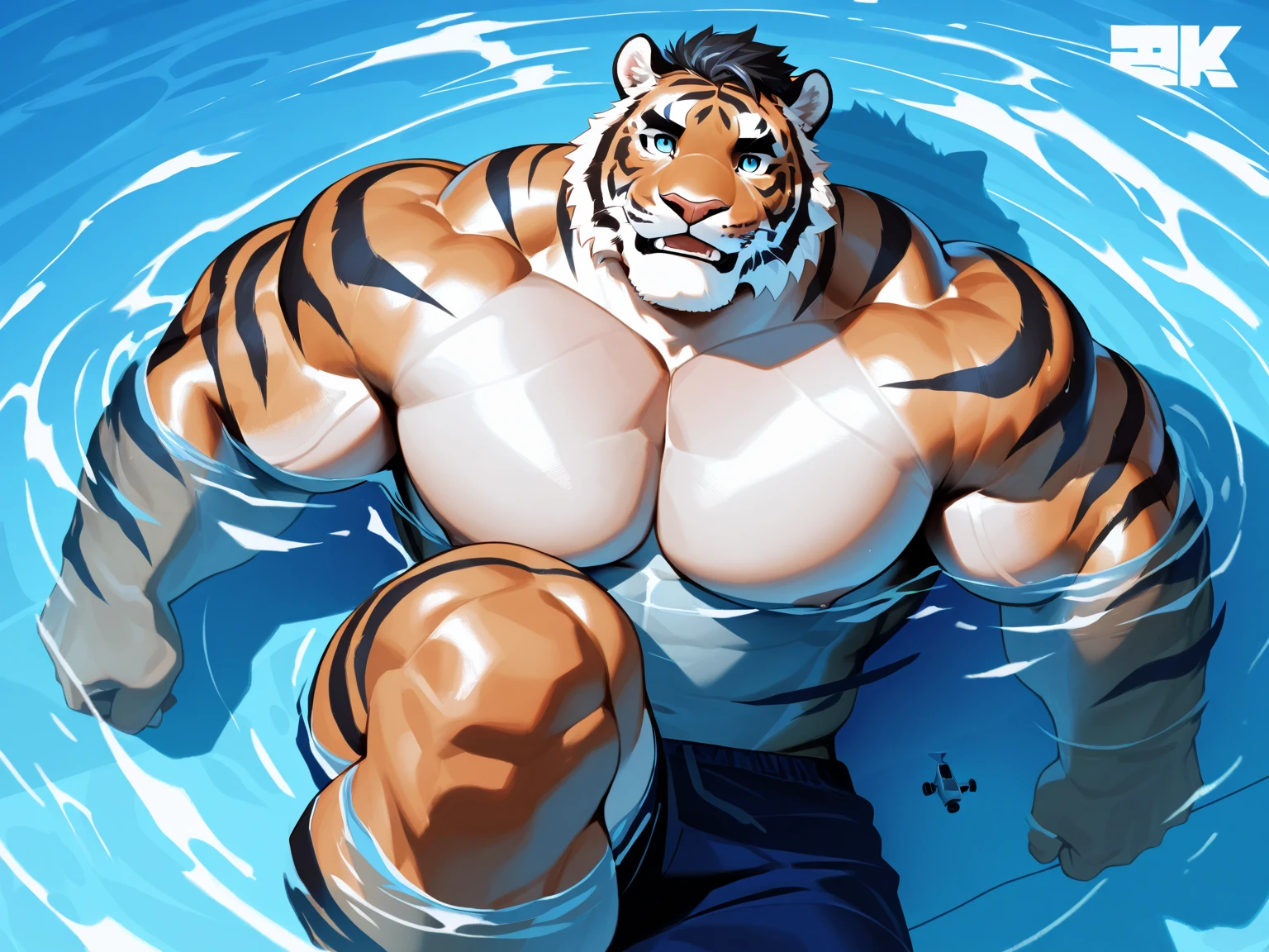 Hominidae, Pose for Camera. 4K, high resolution, Best quality, posted on e621, (Solo:1.2), Anthropomorphic tiger, male people, 20yr old, Thick eyebrows, Light blue stripes, Fat body, large pecs, ((Naked)), A white bath towel wraps around the body from the waist down, medium bulge, Pink milk clusters, Recline in natural hot springs, Partially submerged, spread thighs, stretched action, (sport, Muscular, Heavyweight:1.2), Correct anatomy, (White background, Watercolor background:1.1), (by Chunie, author:Taran Fidler:0.8), (Detailed eyes:1.2), Sexy, (cel-shaded:1.2), cartoon shading, (aquarelle:1.2), (Fluffy tail:1.2), Smile, Serious eyes, (view the viewer:1.2), Bright eyes, Front view