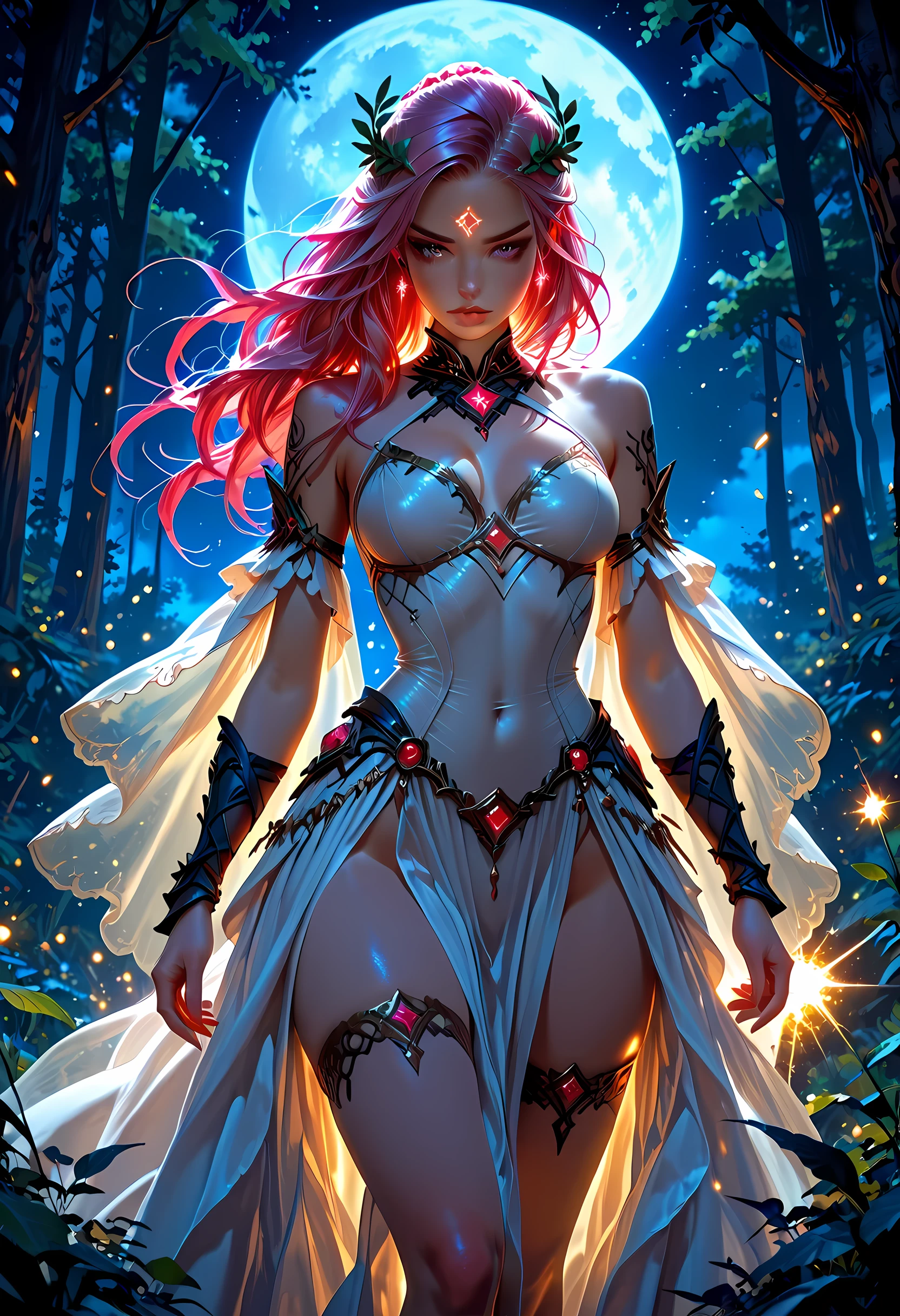 full body female elf warlock, dark woods in the background, small fairies flying amongst the trees, red and purple hair, large breast, wizard robes open, sexy black and blue corset , fancy hair ornaments, blood moon in the nighttime sky, magical glowing tattoos, wings, jeweled choker