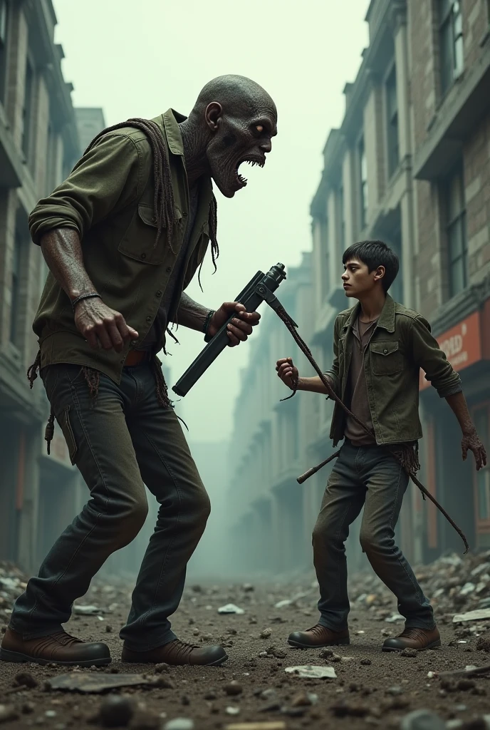 A boy with a gun again fight with a zombie