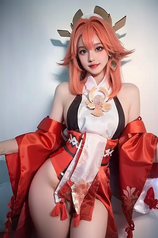 (Masterpiece, Excellent, 1girl, solo, complex details, chromatic aberration), realism, ((medium breath)), bare shoulders, big breasts, sexy, Yae Miko, long pink hair, red headdress, green eyes, earrings, perfectly symmetrical figure, choker, full body, blush, bed, lying, exposed breasts, long hair, looking at the audience, white transparent lace panties, open legs, panties shooting, barefoot, bed, lying, exposed breasts, dim lighting, looking at the audience, fine details, realistic face, Realistic eyes, ((seductive, captivating)), ((dynamic angle)), ((dynamic pose)), high quality, super detail,
