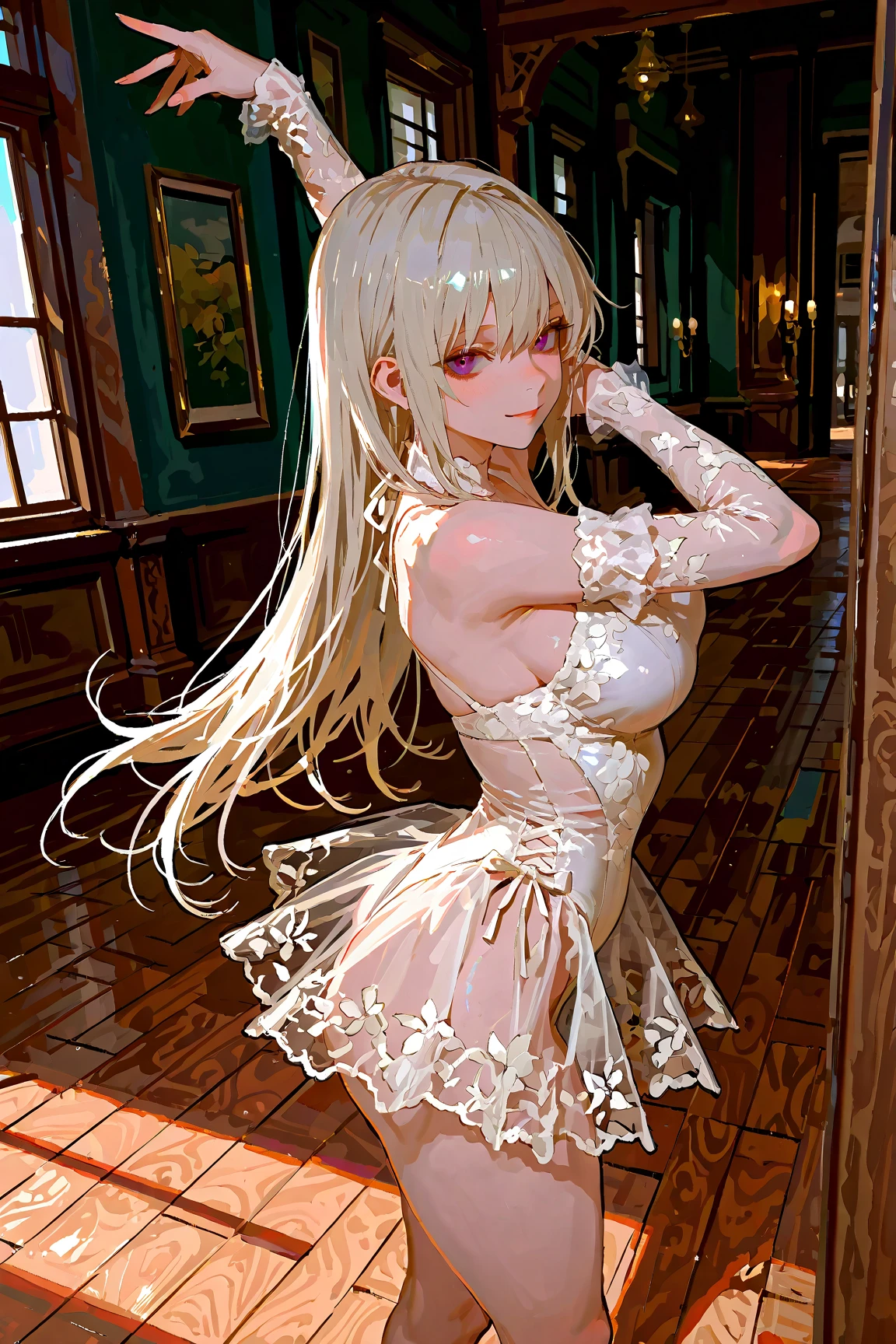 1 puppet girl. Visible joints. Glossy porcelain skin and body. Long blond hair. Doll Green-blue eyes. Strings attached to her joints. puppet. theatre. curtains. Wide open eyes. Blank expression. Slumped against the wall. inactive. Wearing a nice gown from1776. sat down against the wall. Dull eyes. she is dead. strings. looking at the ground. hair-bow.