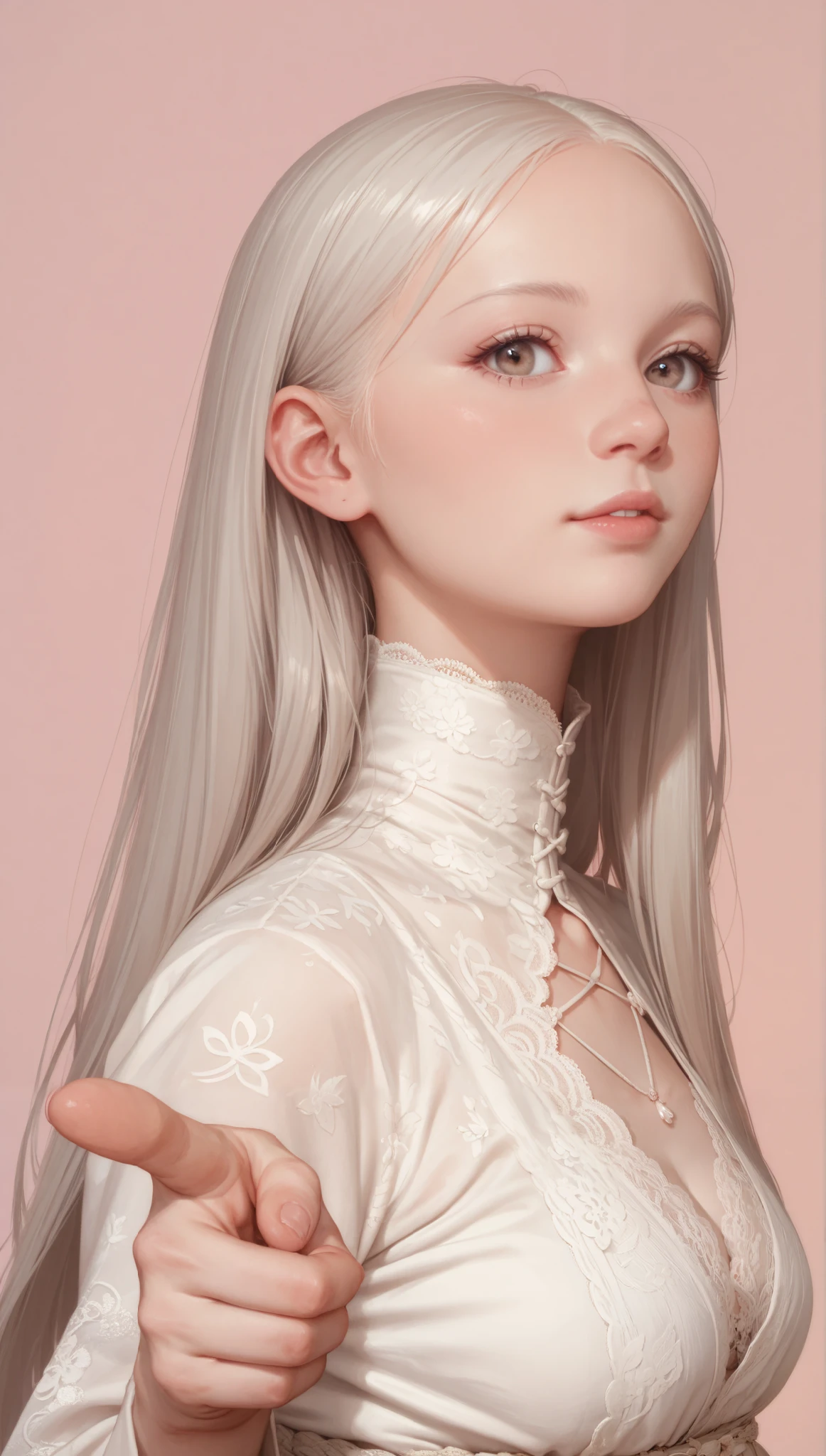 perfect anatomy, japanese girls , solo, one girl from before the evening, Albino Skin, Gray Hair, straight long hair , light brown eyes, cute pose, high neck lace fabric, white clothes, artistic, light pink background pointing down