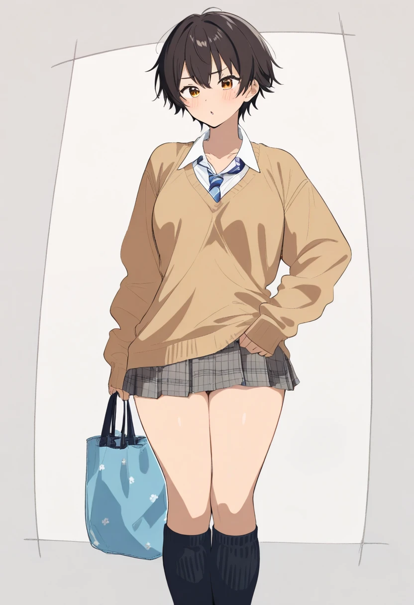 ((best quality)), ((masterpiece)), (detailed), 1girl, off-shoulder sweater, ruka sarashina asleep standing up, bikini, eyes closed, full body