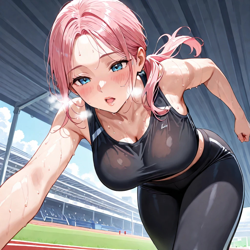 (masterpiece:1.1),(best quality:1.1),(hyper detailed:1.1),(high detail:1.1),(highest quality:1.3),absurdres,(pink eyes, purple eyes:1.1),pink hair,short hair,(huge breasts:1.1),track,running,sports bra,sweating profusely,pursed lips,running shorts,floating hair,from above,hair over one eye,covered eye,curly hair,
