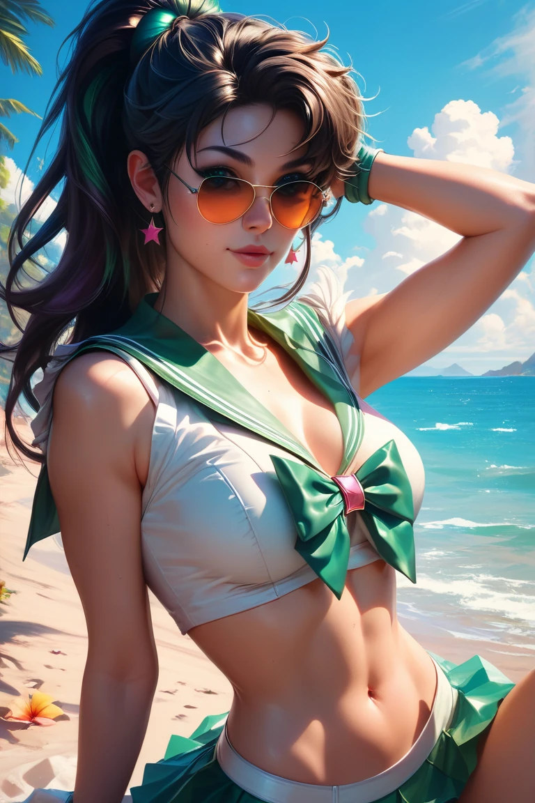 master part, best quality, high resolution, 1girl, sozinho, sailor Jupiter, Jupiter sailor's uniform, vento soprando, ((single ponytail)), (luvas brancas de cotovelo), Cocar, saia plissada verde, Colar de marinheiro Boreen rosa), brown hair, jewelries, Brincos, sorrir, Prado de fundo, Blue sky and white clouds, mar, frente, corpo inteiro, seios enormes, Athletic body, Ondas, pernas finas, Uniforme Sailor Sensi,