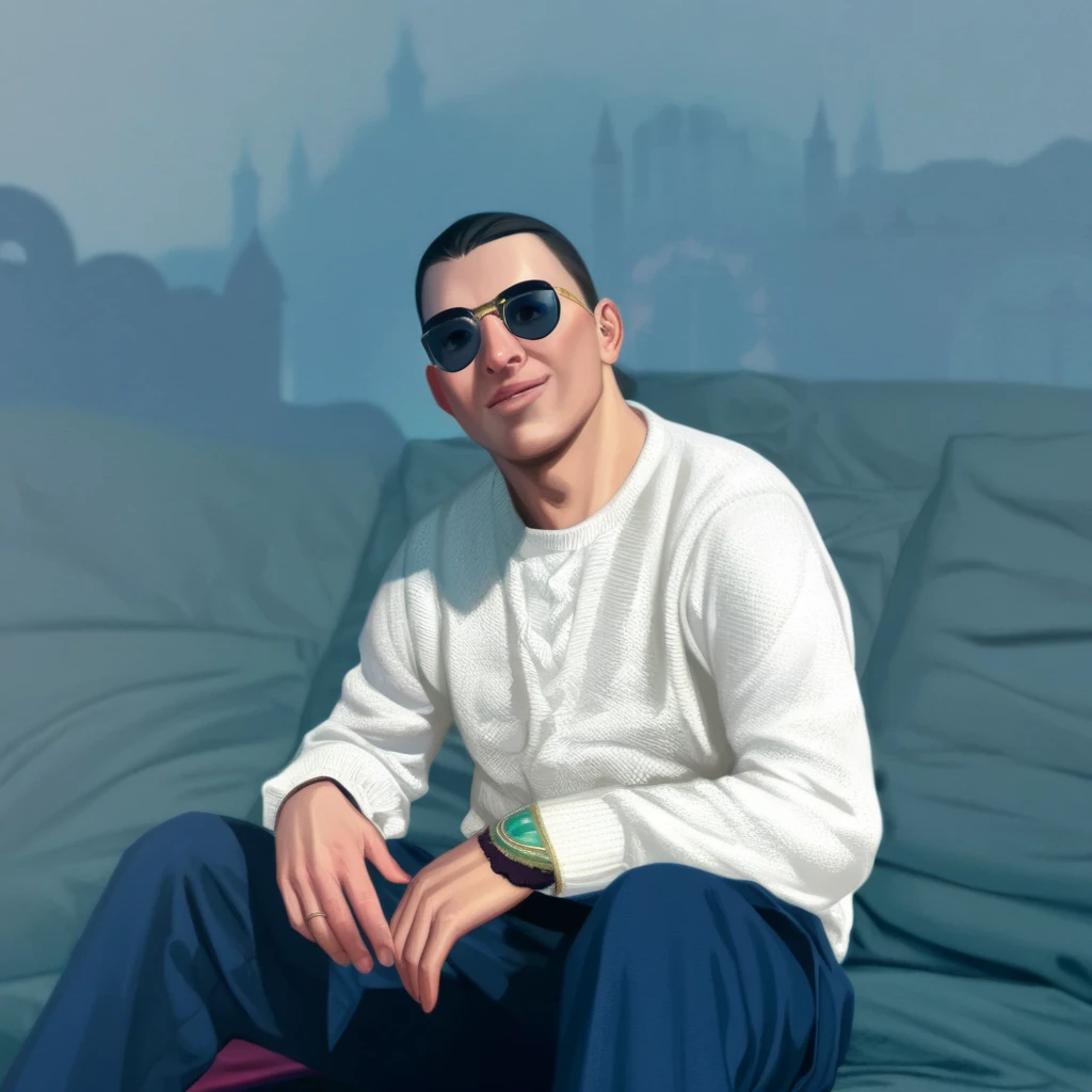 (lifelike realism) William Dafoe wearing blue clothes and a red durag and white shoes, lifelike picture of William Dafoe wearing blue, red durag