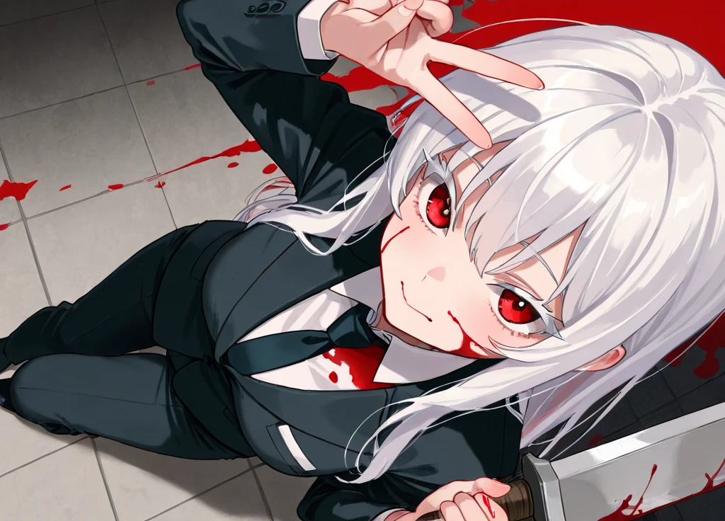 (masterpiece:1.3), best quality, raytracing, ((solo girl)), ultra-detailed, (4k, high definition picture), long straight white hair, hime cut, scarlet eyes, (wearing black button up shirt), (black suit blazer), black fancy suit pants, and black loafers, ((bloody clothing)), (((black leather gloves))), ((Bloody suit blazer)), ((Bloody shirt)), ((Bloody pants)) ((Blood in hair)), (blood in bangs), ((lots of blood splattered all over face)), Bloody mouth, Blood in eyes, blood on cheeks, blood across nose, (((yandere))), petite body, wide hips, flat breasts, Pripyat ruins as background, (((covered in blood))), bloody, blood, looking down at viewer, expressionless,