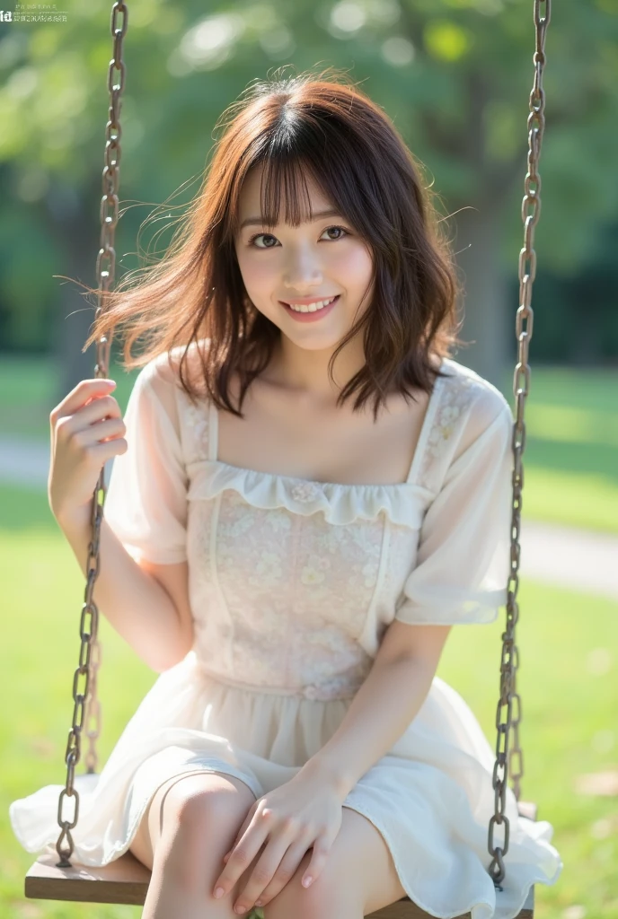 (Highest quality,8K quality,masterpiece:1.3),(Ultra-high resolution,Realistic:1.4,Live Shooting),(Very detailed,Caustics),(Ultra-Realistic Capture,Beautiful and detailed skin),19 years old,Beautiful Japanese, Medium Hair, Asymmetrical bangs, Brown Hair, I'm looking at the camera with a smile on my face,Soft Light,A ray of light shining from above,Natural light,((blouse)),(((One Woman))),garden