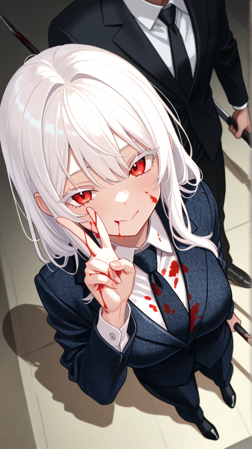 Living room Background, bloody, gore, school blazer, school uniform, surgical apron, medical gloves, surgical mask, 1girl,
