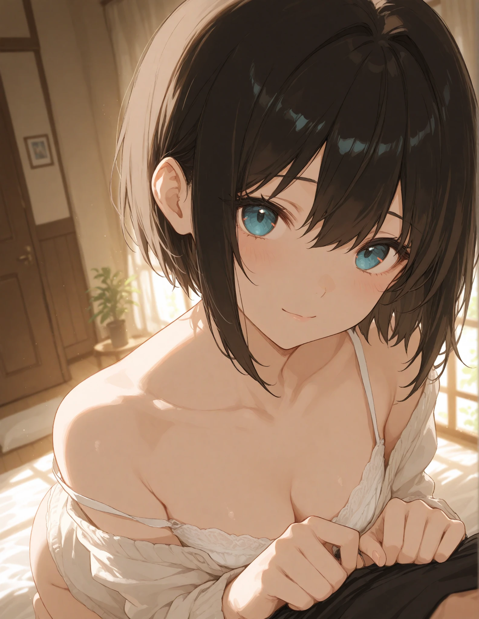 (best quality,4K,8k,high resolution,masterpiece:1.2),super detailed,(actual,realistically,realistically:1.37), Ultra high definition face, Woman in camisole with frilled dress, posing for photo, seduct smile, attractive girl, jaw-dropping beauty,medium breasts,Thin waist and thick hips, hourglass figure, fitness model, rosy cheeks, Alluring with a smile,Bokeh, Dynamic Angle, (((Leaning forward:1.2))), close arms, Close-up face:1.5, whole body, From below:1.2, (Correct Anatomy:1.6, Ideal body proportions, The right move:1.5, Small hands)