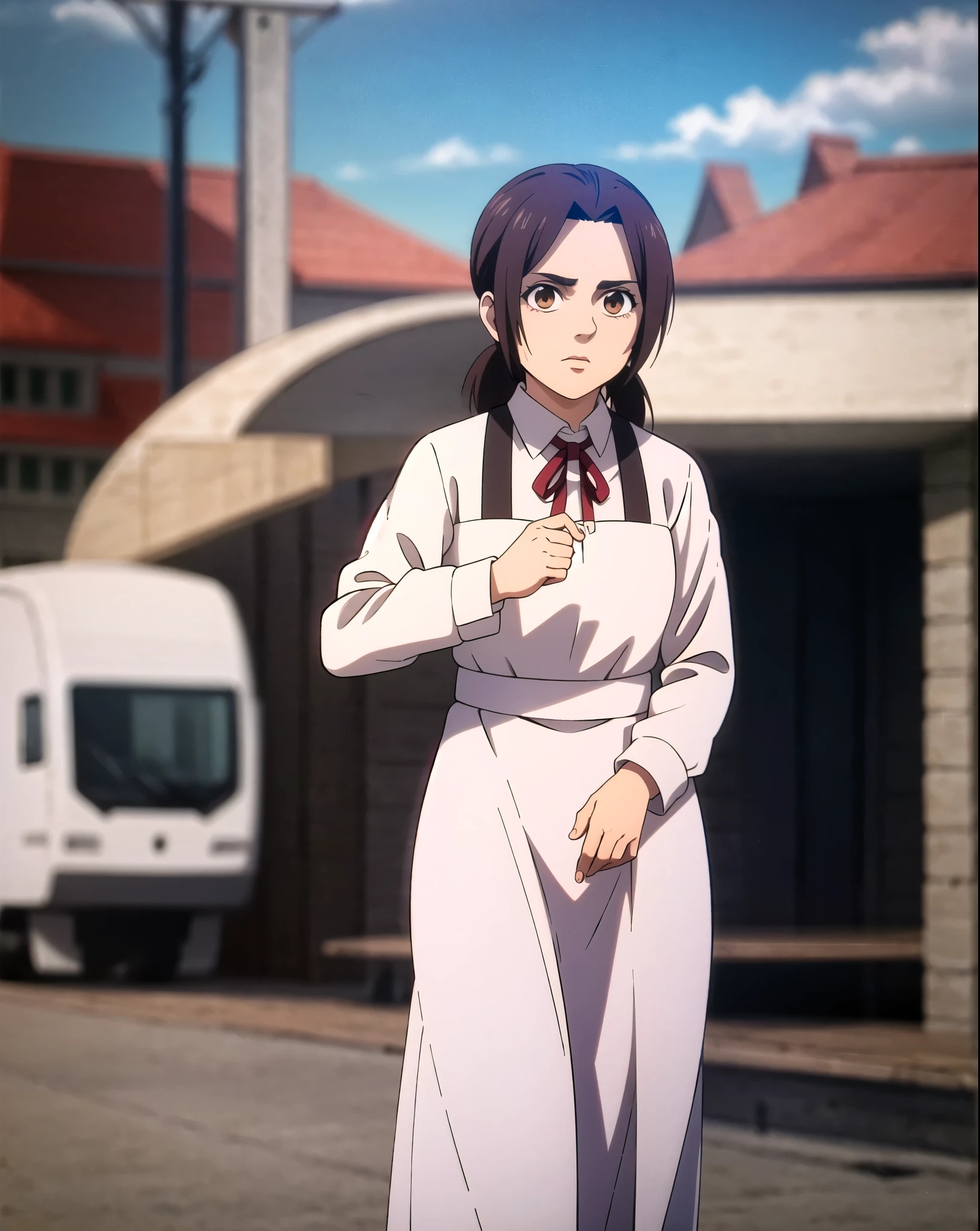 (cowboy shot), sfw, (masterpiece), (best quality:1.0), (ultra highres:1.0), detailed eyes
BREAK
GabiAOT, looking at viewer, 1girl, brown eyes, low ponytail
black apron, white shirt, long sleeves, ribbon, red ribbon
BREAK
(busy street, people walking in background, gorgeous view)