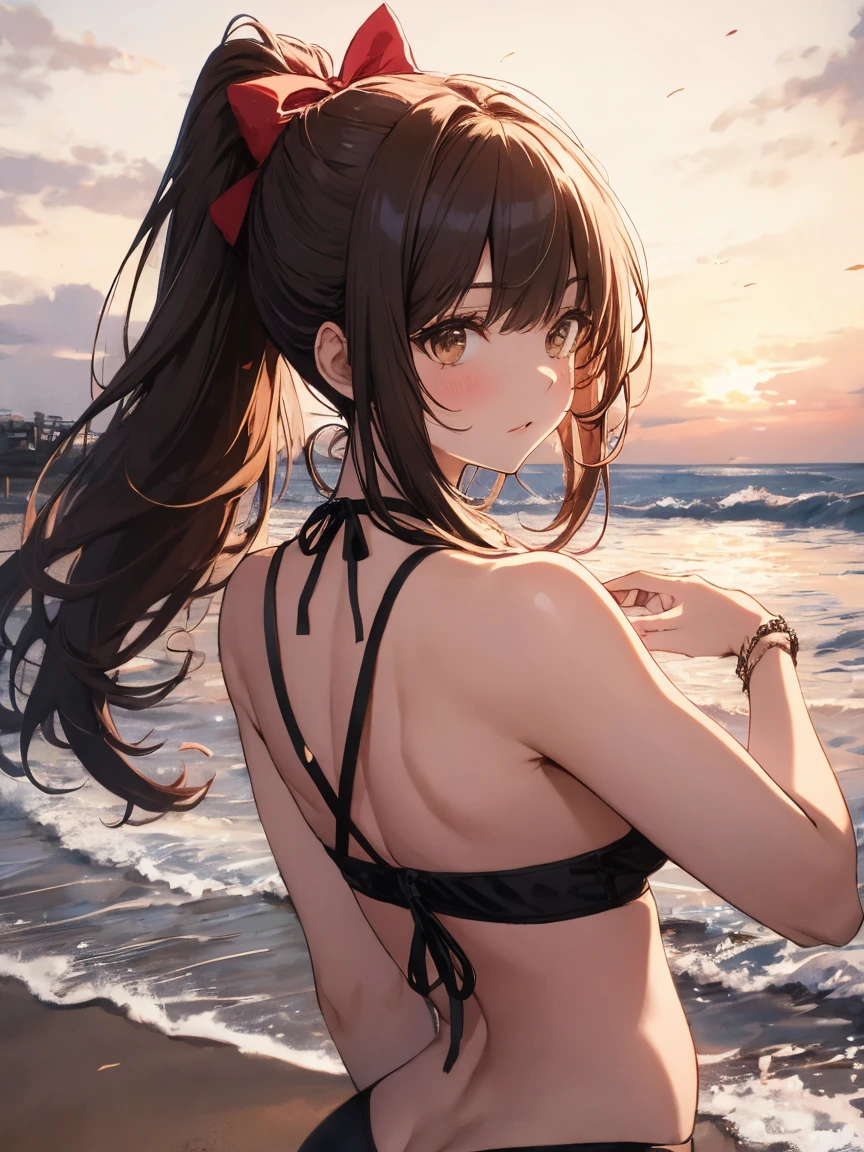 Japanese anime style,A young girl stands on a deserted white sand beach, Red Bikini、Red Bikiniを着ている,Beautiful sunset in the background, Sky and sea dyed by sunset、The girl has a relaxed look, Capture the calm and tranquil atmosphere of a beach evening、Beautiful fingers,Beautiful Hands,Points First,nail,arms behind back
Seaweed、Seaweed、Seaweed、Seaweed、Seaweed、Seaweed、