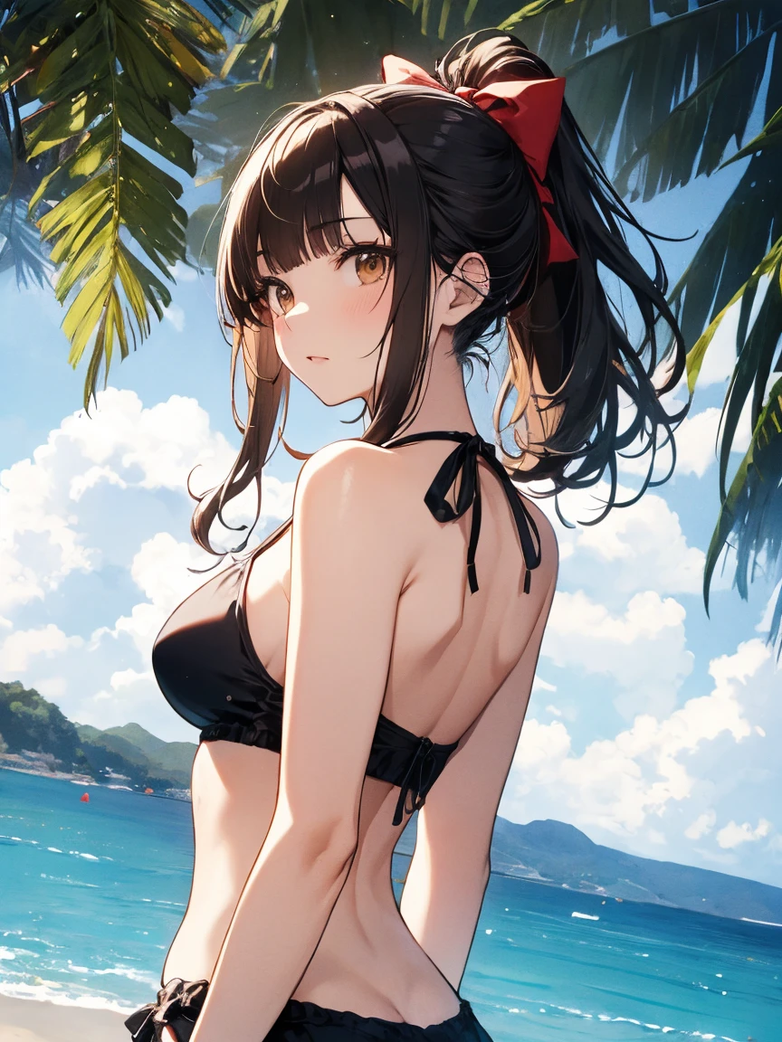 one-girl,cropped shoulders,Huge breasts,Portrait photo,Particularly large breasts,Off-the-shoulder attire,,cleavage,Open navel,Upper body photo,Black color hair,upon the clouds,red bikinis,比基尼,swim wears,sandbeach,the sea,Close-up shot