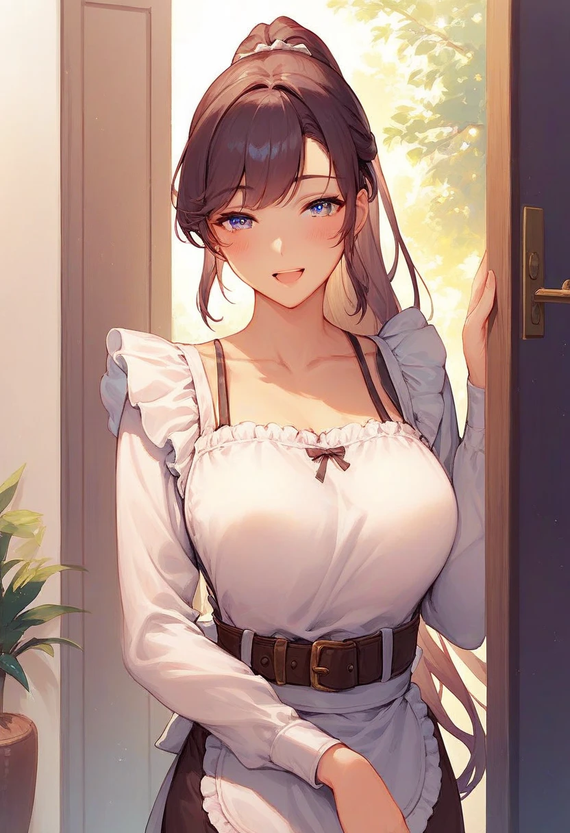 (High quality, High resolution, Fine details, Realistic), Long Wave Hair、dark brown hair、Earring、Modest necklace、Off-the-shoulder white shirt,Light yellow flared skirt, crystal clear skies, Strong sunshine, Solo, Adult Woman, Sparkling eyes, Smile, blush, Large breasts, Oily skin, Shallow depth of field、Puffy nipple、Pose with chest emphasis in a slouching position、Holding the skirt with your hands Skirt Fuwari、Mare、On board