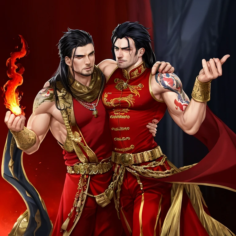 2 male concubines of the emperor of the Han dynasty, both standing beside each other both aged 30 muscular guys ,wearing ancient revealing Chinese dress with tight thongs showing off huge bulge with long silky hair and masculine features with a serious face looking at the ground.sexy men,Battle scars, bowing to the camera with the emperor behind the camera out of sight, men