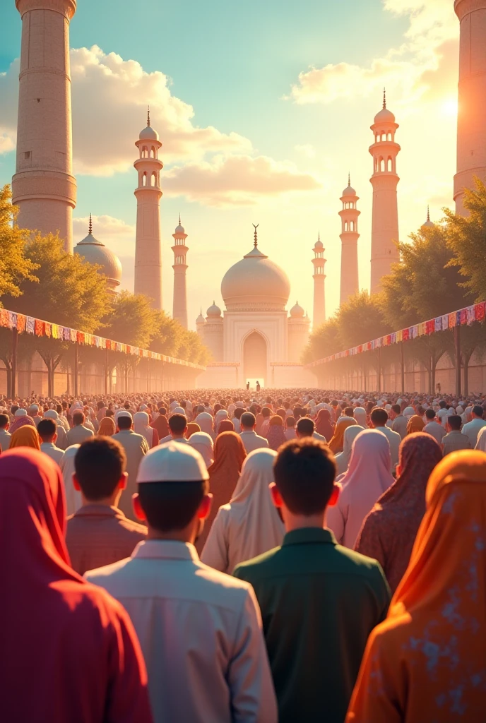 Cartoon, 10000 men smiling happily and wearing Muslim clothes. wear a sarong and cap. carry the Koran. they are in front of the building containing Quantum Qolbu