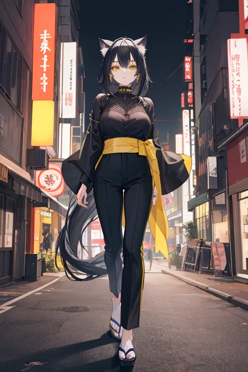 Soifon, bleach anime, 1girl, solo, cute kimono, wooden sandals, black thighhighs, medium breast, cleavage, japan akihabara, night view, hair between eyes, (soifon original hair), looking at viewer, black hair, solo, thighhighs, thighs, ((masterpiece)), standing, sexy pose, blush, shy, smile,