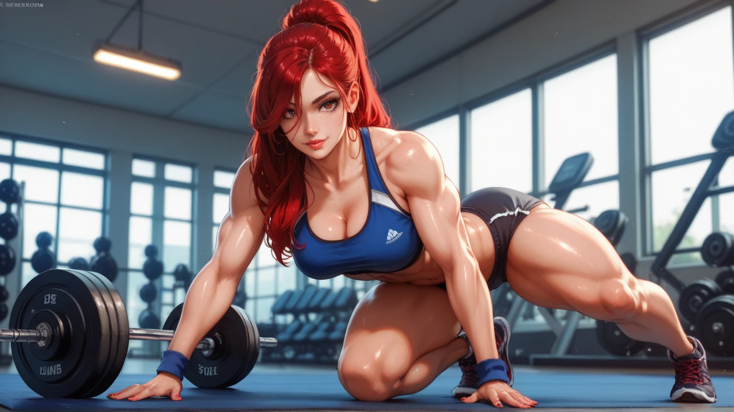Voluptuous fitness girl in small shorts posing in gym with defined abs in frontal anime not so defined arms