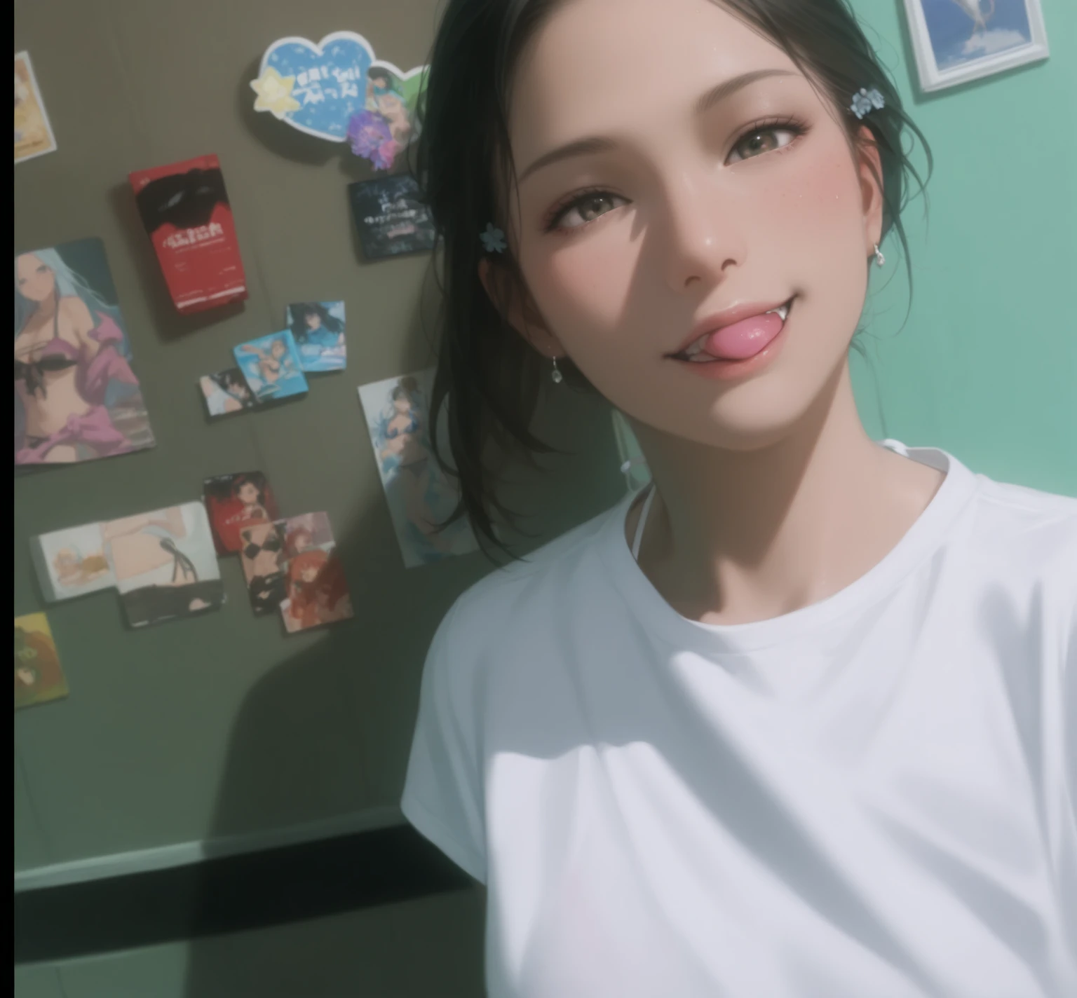 ollarbone,pastel colors t-shirt,off-shoulder look,bare shoulder,midriff peek,Denim mini skirt,open mouth,tongue out,cum on tongue,Sitting on a black sofa,Selfie,looking ahead,from above,flont view,upper body,(1girl,Beautiful 14 year old girl),((Slender,Small breasts,Small face,)),looking at viewer,Black Hair,bangs,one side up,Beautiful and detailed,Mischievous smile,Dimly lit room,Simple Background,Black background,Low lighting