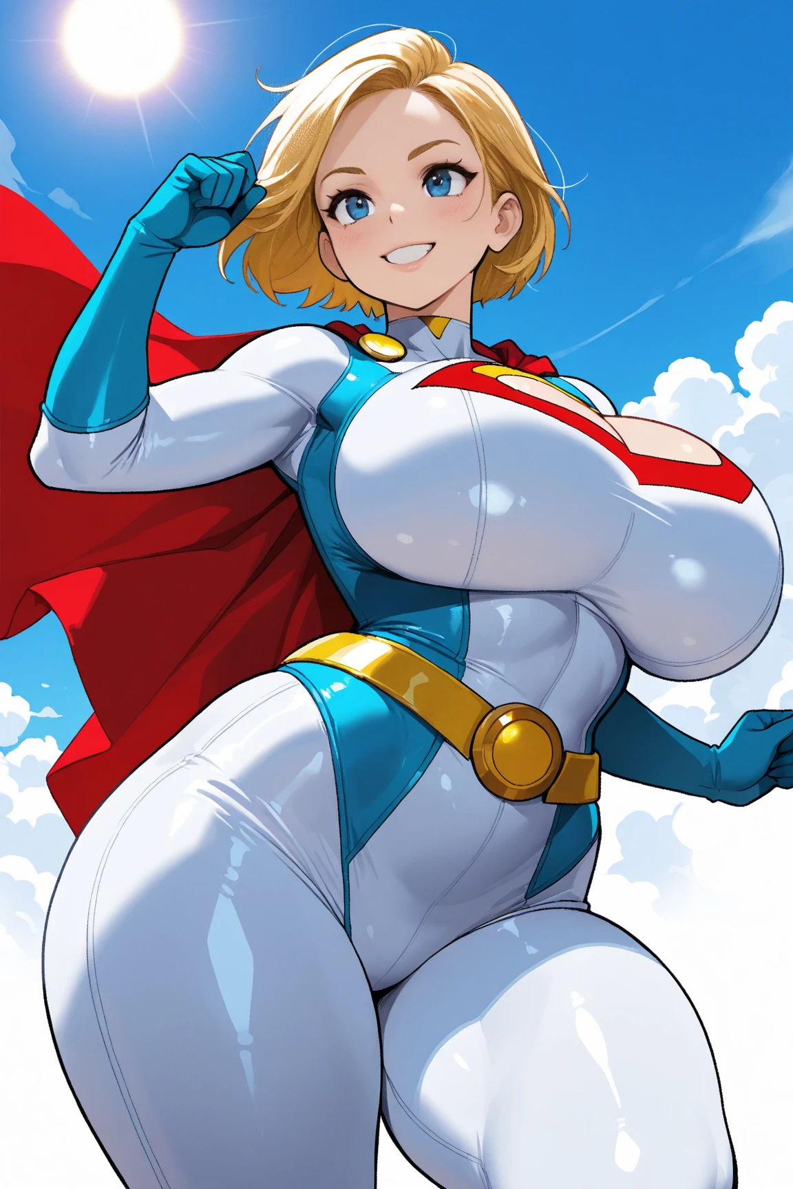 mixed_artwork style, cleavage, sweaty, Voluptuous, Power girl (from DC), effects, Huge Breasts, Pubic hair, Flying over the city, swinging Breasts,
