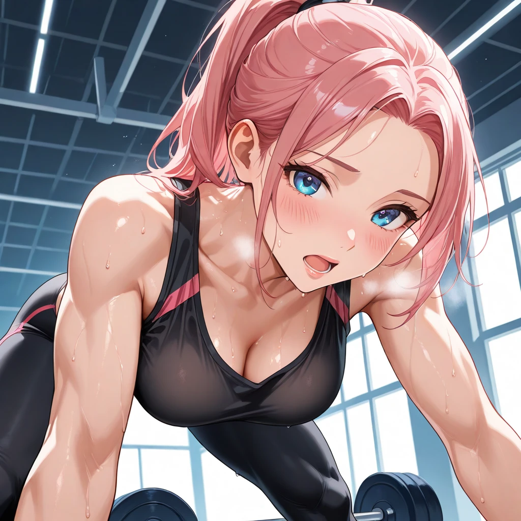 NSFW,gym, Exasis, traning, Hot, Sweating, full of sweat, asa, Colossal tits, skin tanned, Running, flustered, blush, Black clothes, see thru, yoga pant, in pain, Eyes closed, Closed eyes, Treadmill, Running on a treadmill, yoga pant, shortpants、((vaginal、SEX、is standing、Strong Man:1.2))、Dynamic Poses、open mouth tongue out、Bouncing chest、Pink hair