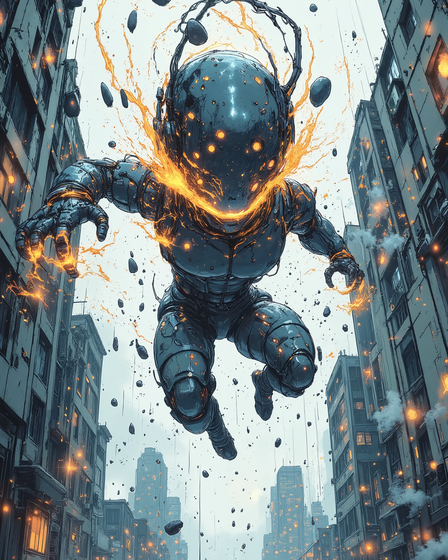 Cyberpunk anime, a stunning new generation cyborg robot without a face,forcefully throws a stone at the viewer, powerful throwing dynamics, air movement, water splashes, steam, smoke,the head is a visually auditory node, a faceless humanoid with a translucent reflective head resembling a helmet or mask, the head is a polished, iridescent translucent surface, which reflects and refracts light, showing a fascinating combination of colors, including deep blue and shades of red, which suggests a combination of nebulae and cosmic phenomena, the body is aerodynamic., androgynous, improved design, invulnerable, made of lightweight super durable carbon fiber, super ergonomic, beautiful, concept model on trial, makes its way through urban alleys, in a large surreal city setting,dynamic movement pose, complex architecture, lots of finely detailed details, elements and objects, the rain has just ended, the sun it looks out from behind the clouds, long light rays fall on the cyborg's body, wet, steam, evaporation, reflection, glare, interesting silhouette, shot from the ground, linear oblique perspective, color perspective, tonal perspective, conceptual digital art, surreal art, high detail, stylization, watercolor, ink, acrylic