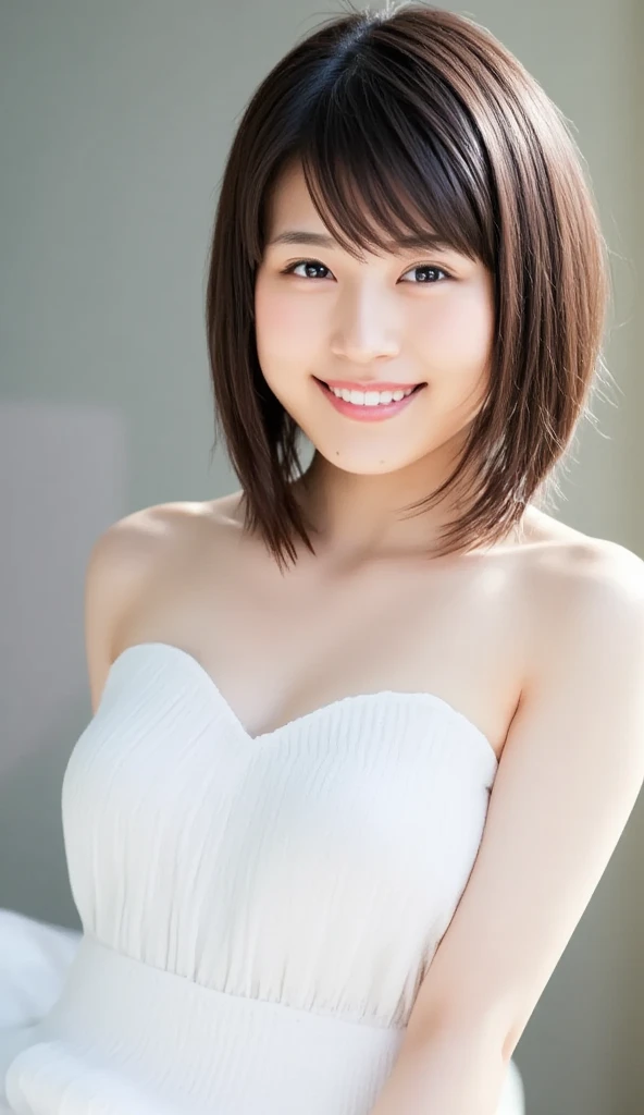 8K highest image quality)、（beautiful）、Yui Aragaki、Accurate Eyes、Fine skin、22-year-old female、Brown eyes、Brown Hair、looking at the camera、Completely naked、Semi-short hair、Smile、bangs、Full view of 、Shoot from above、Nipples