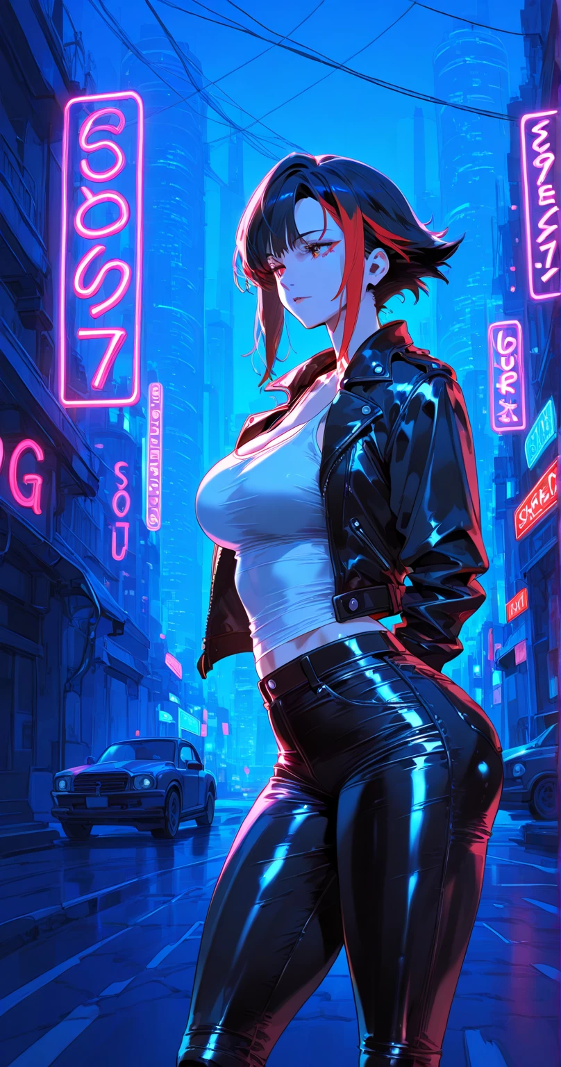 cute girl,(((1girl))),((girl with extremely cute and beautiful black hair)),
(large breasts:1.4),(((black hair:1.35,colored inner hair,ear breathing,large hair,tomboy haircut))),(((blue_eyes:1.3))),intricate eyes,beautiful detailed eyes,symmetrical eyes,((fat)),((lustrous skin:1.5,bright skin: 1.5,skin tanned,shiny skin,very shiny skin,shiny body,plastic glitter skin,exaggerated shiny skin,illuminated skin,wet legs))),(spider lower abdomen,narrow waist,wide hip,athletic body,inflated legs, thick thighs,detailed body,(detailed face)),
cute,slutty,seductive,erotic,(((nsfw))),
((((glasses)))),(((wearing white formal blazer,black formal pants,))),(((huge cleavage))),((wet clothes,intricate outfit,intricate clothes)),
(dynamic pose:1.0),solo focus,embarrassed,(centered,scale to fit dimensions,Rule of thirds),
cyberpunk city by the ocean at night, with bright neon signs and dark stormy clouds and puddles, scenery:1.25,nighttime, starry night, cosmos,Very dark night that makes the neon lights stand out, very bright neon lights,nighttime, starry night, cosmos,
artistic photography,(photography taken by sldr),highres, sharp focus, (ultra detailed, extremely detailed), (photorealistic artwork:1.37),(extremely detailed CG unity 8k wallpaper),((synthwave background theme)),(((vibrant colors))),(intricate background),(masterpiece),(best quality)