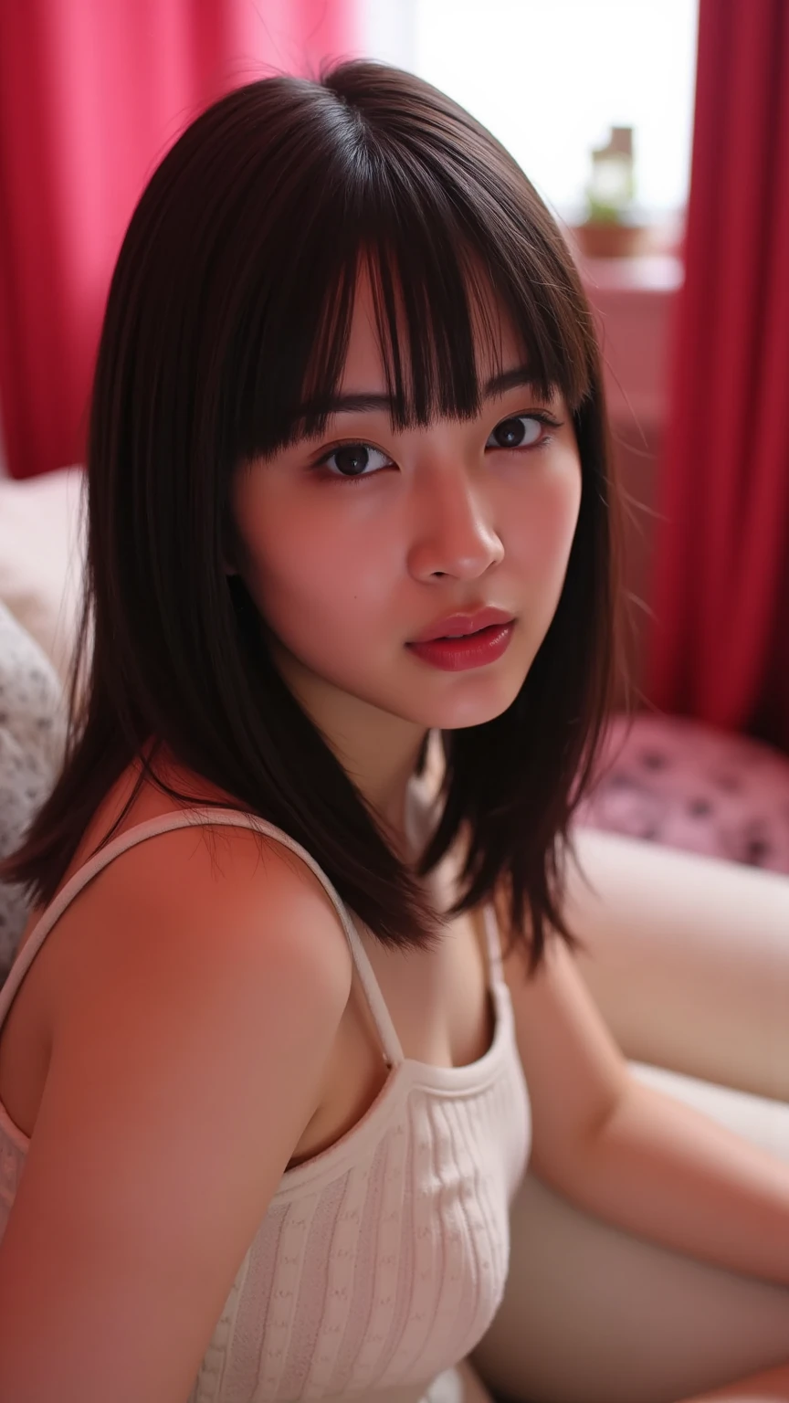 (masterpiece:1.2), Very detailed, Ultra-high resolution, (Realistic, photo Realistic:1.6), High-resolution RAW color photos, Professional photos, Dramatic lighting, 映画のFunctionalなシーン、Sharp focus:1.2, (Very detailed顔と肌の質感, Very beautiful eyes, Glossのある肌, Glowing Skin, Glowing Skin, Shining Face, Gloss, Oily skin, greasy face, Oily skin, greasy face, 強いGloss), Perfect Anatomy, Very detailed背景, 1 female, 25-year-old woman, Japanese women,Height: 168cm, (Short Bob Hair, Straight hair, bangs:1.3, Brown Hair), (Lean:Weight 1.0), (Flat Chest:1.9),(Slender legs:1.4)、(((dim:1.4)),(((Hotel Bedroom))), (((Crawling to the side)))), (((Spread your legs))),Thighs、(Erotic), ((Functional)), ((Glowing Skin))、 ((Intense sex))),Face asking for a kiss
