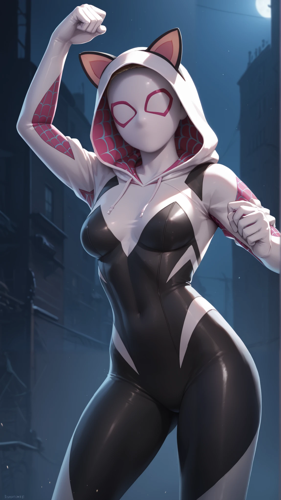 chica (Masterpiece),night, Head covered with a mask, covered face, Hoodie with cat ears, Spider Gwen tight suit, white light, fighting pose