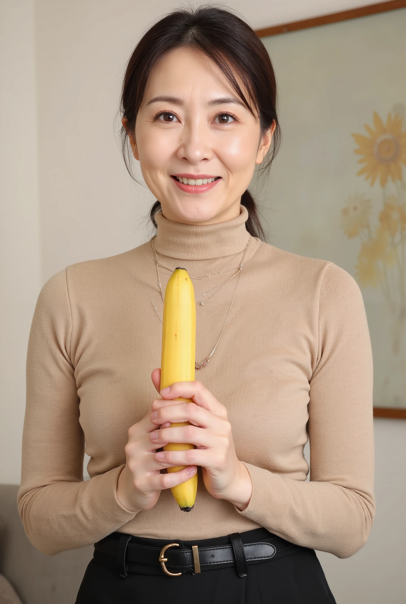 mature woman、Full body shot from chest、Japanese、Beige knitted turtleneck and black leather belted tanding in the living room holding a banana vertically with both hands、55 years old、 (mature beauty: 1.5)、(Mischievous Smile:1.5)、Impish Smile 、looking at viewer、necklace、Hair tied back、