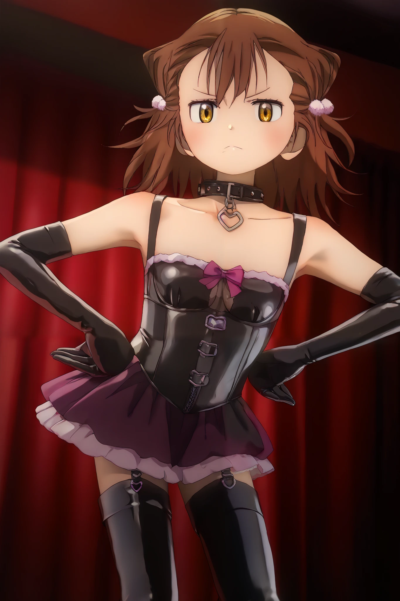 chibi、Low body:1.8、 body type:1.8、small bust:1.3、wariza、BDSM、Queen、mistress、(((girl)))、(((solo:1.8)))、(((black latex elbow gloves:1.4)))、(((black latex corset dress:1.4)))、(((corset dress is decorated with beautiful lace)))、(((Corset Dress with Shoulder Straps)))、(((black latex tight miniskirt:1.4)))、(((black thigh high boots:1.4)))、(((Black rubber tights:1.2)))、((( stiletto heel boots that kick a man:1.4)))、((( stiletto boots:1.4)))、(((black latex high leg panties)))、(((Black latex bra)))、(((Black leather collar)))、(((sexy pose with one hair hanging down:1.4 )))、wide thigh opening:1.2、(((Erotic)))、(((cowboy shot)))、close-up、(((place both hands on hips)))、 beautiful eyes with highlights、Completely Bound、Two anatomically perfect arms、Two anatomically perfect legs、(perfect 4 fingers and 1 thumb)、Good incense_Three-haired cat、masterpiece、Masterpiece、high image quality、High resolution 8k、Detailed Faces、detailed eyes、detailed hairstyle、1 girl、solo、brown hair、golden eyes、Large inverted face-shaped eyes、frown、upper body、hair ornament indoor、luxury hotel、SM room、big bed、short hair、 corn hair bun、medium hair、zipper、 double bangs 、stares at viewers、smile、doya face、cover:1.2