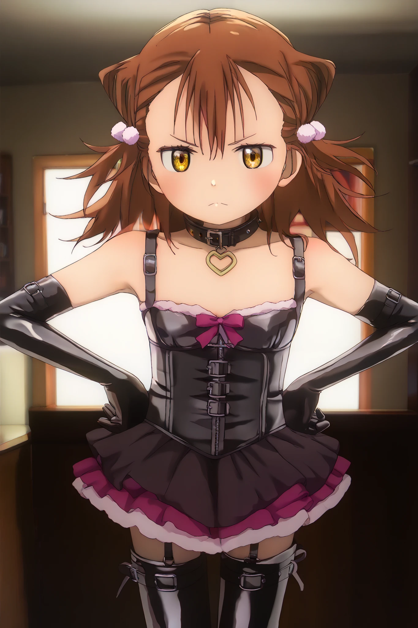 chibi、Low body:1.8、 body type:1.8、small bust:1.3、wariza、BDSM、Queen、mistress、(((girl)))、(((solo:1.8)))、(((black latex elbow gloves:1.4)))、(((black latex corset dress:1.4)))、(((corset dress is decorated with beautiful lace)))、(((Corset Dress with Shoulder Straps)))、(((black latex tight miniskirt:1.4)))、(((black thigh high boots:1.4)))、(((Black rubber tights:1.2)))、((( stiletto heel boots that kick a man:1.4)))、((( stiletto boots:1.4)))、(((black latex high leg panties)))、(((Black latex bra)))、(((Black leather collar)))、(((sexy pose with one hair hanging down:1.4 )))、wide thigh opening:1.2、(((Erotic)))、(((cowboy shot)))、close-up、(((place both hands on hips)))、 beautiful eyes with highlights、Completely Bound、Two anatomically perfect arms、Two anatomically perfect legs、(perfect 4 fingers and 1 thumb)、Good incense_Three-haired cat、masterpiece、Masterpiece、high image quality、High resolution 8k、Detailed Faces、detailed eyes、detailed hairstyle、1 girl、solo、brown hair、golden eyes、Large inverted face-shaped eyes、frown、upper body、hair ornament indoor、luxury hotel、SM room、big bed、short hair、 corn hair bun、medium hair、zipper、 double bangs 、stares at viewers、smile、Smile、smile、cover:1.2