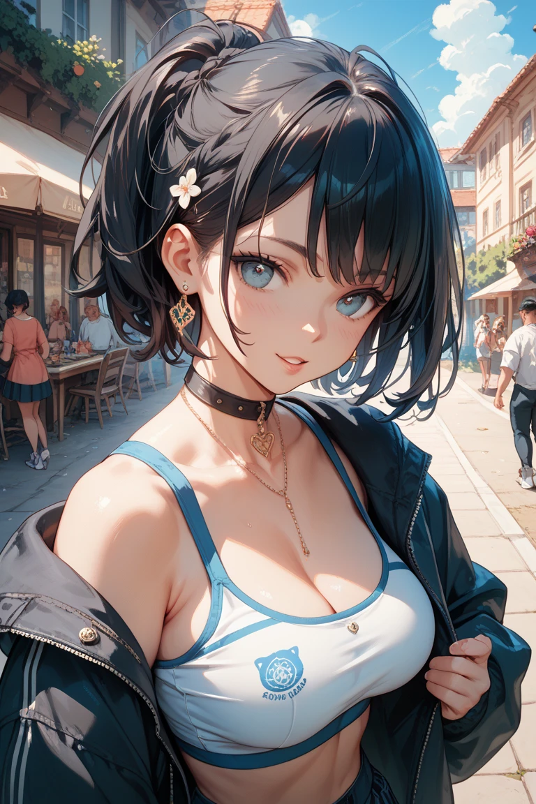 (Masterpiece:1.2, high quality), (absurdres:1.2), (pixiv:1.4), (1girl:1.2), (solo:1.2), (smile:0.8), blush, beautiful caucasian woman, (mature), symmetric face, bob cut with side fringes, bangs, black hair, crystal blue eyes, double eyelids, dark eyeshadow, pale pink lips, smile, collarbone, off-shoulder sweater, cleavage, denim shorts, thighs, slim waist, body curves, dynamic pose, sitting in cafe, street cafe, table, open window background, steet view, trees, aesthetic outdoors, dawn sky, autumn, autumn tree leaves, ultra detailed, extra details, (highres:1.2), HD, 8k, 1080, vivid colors, dim lighting, intrinsic detaillurry_background:1.2), highly focused face, (detailed face)